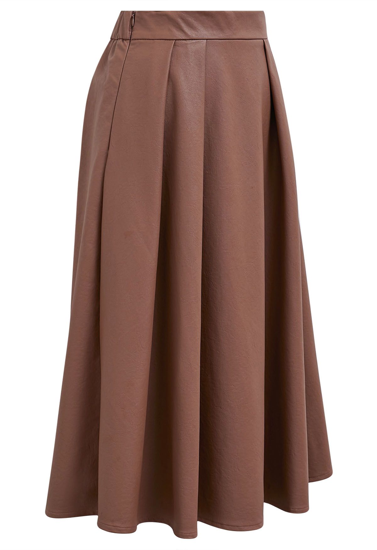 Faux Leather Pleated Flare Midi Skirt in Rust