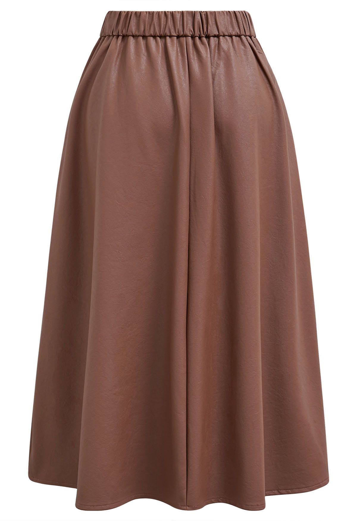 Faux Leather Pleated Flare Midi Skirt in Rust