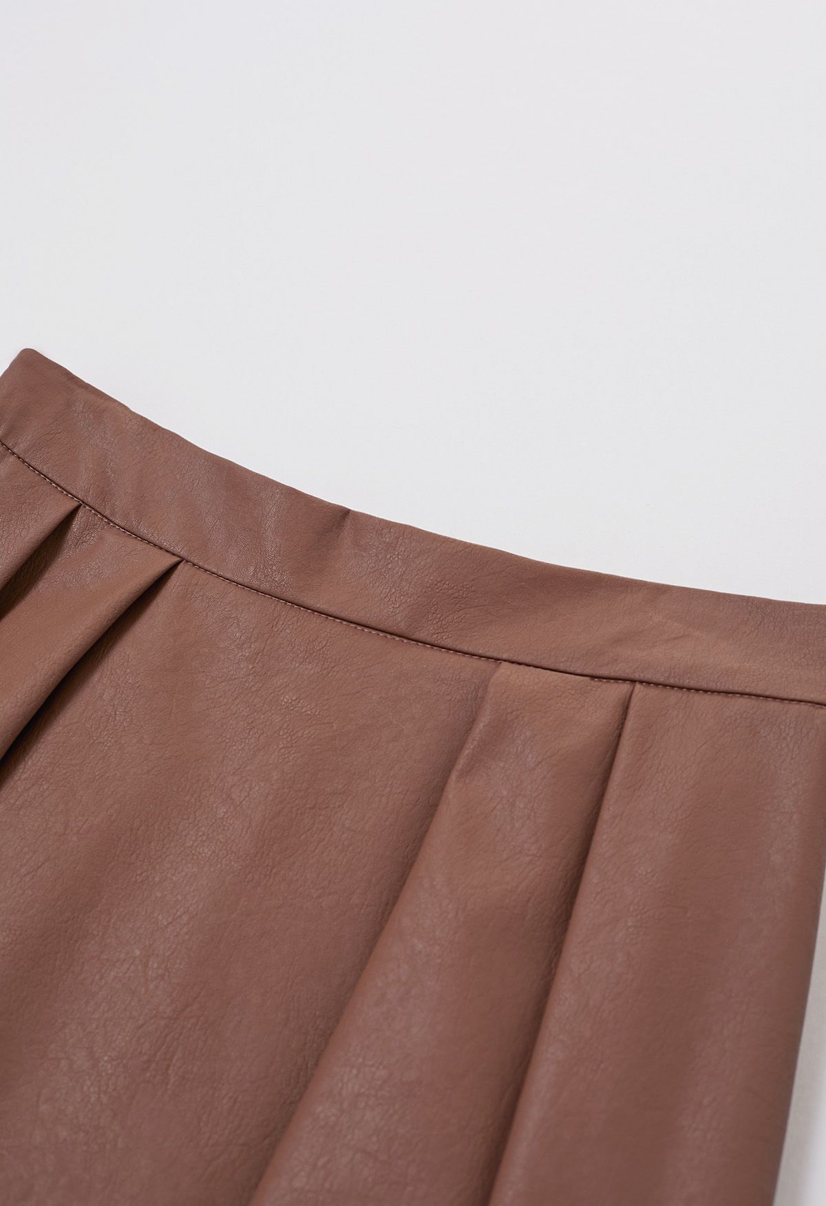 Faux Leather Pleated Flare Midi Skirt in Rust