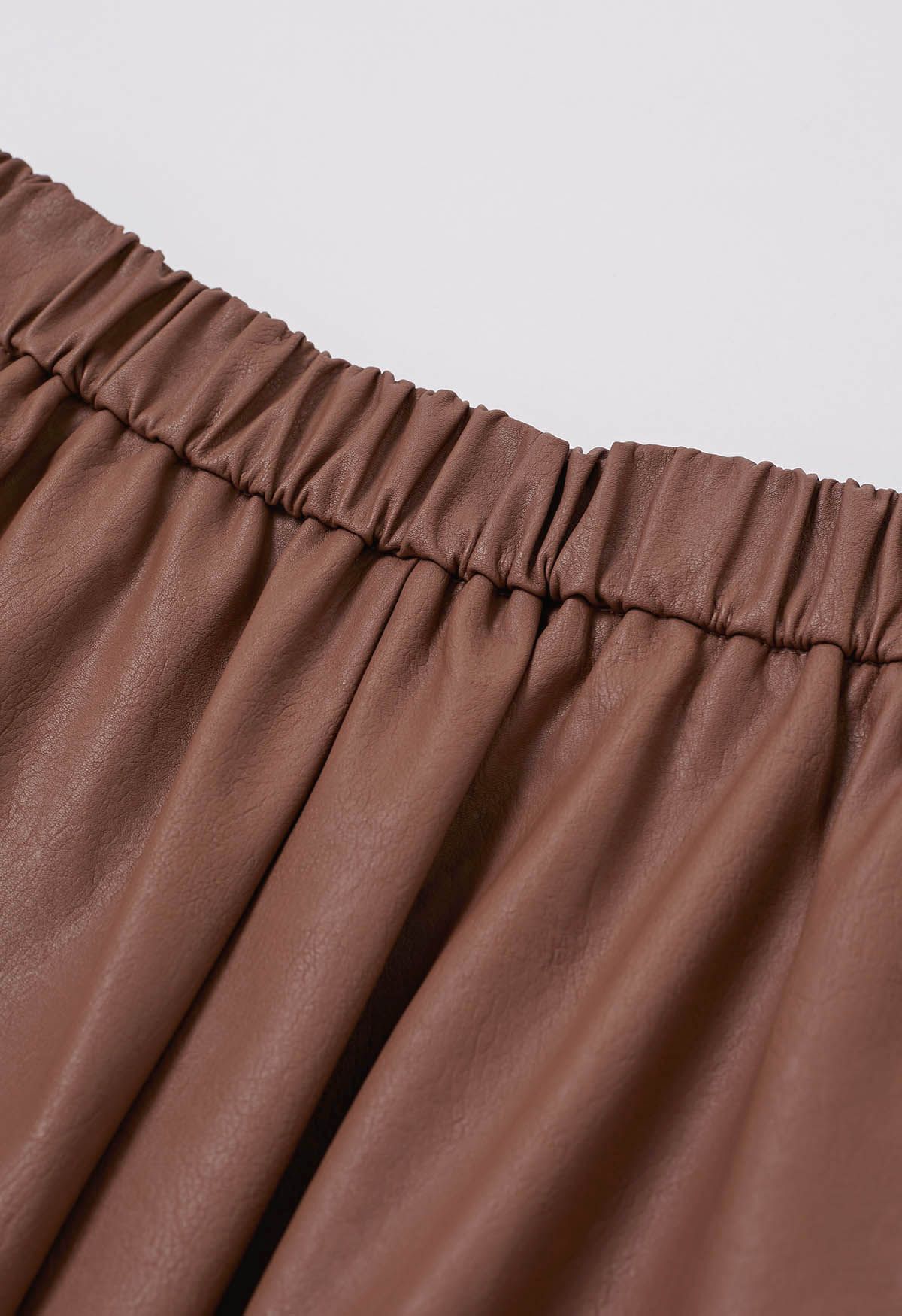 Faux Leather Pleated Flare Midi Skirt in Rust