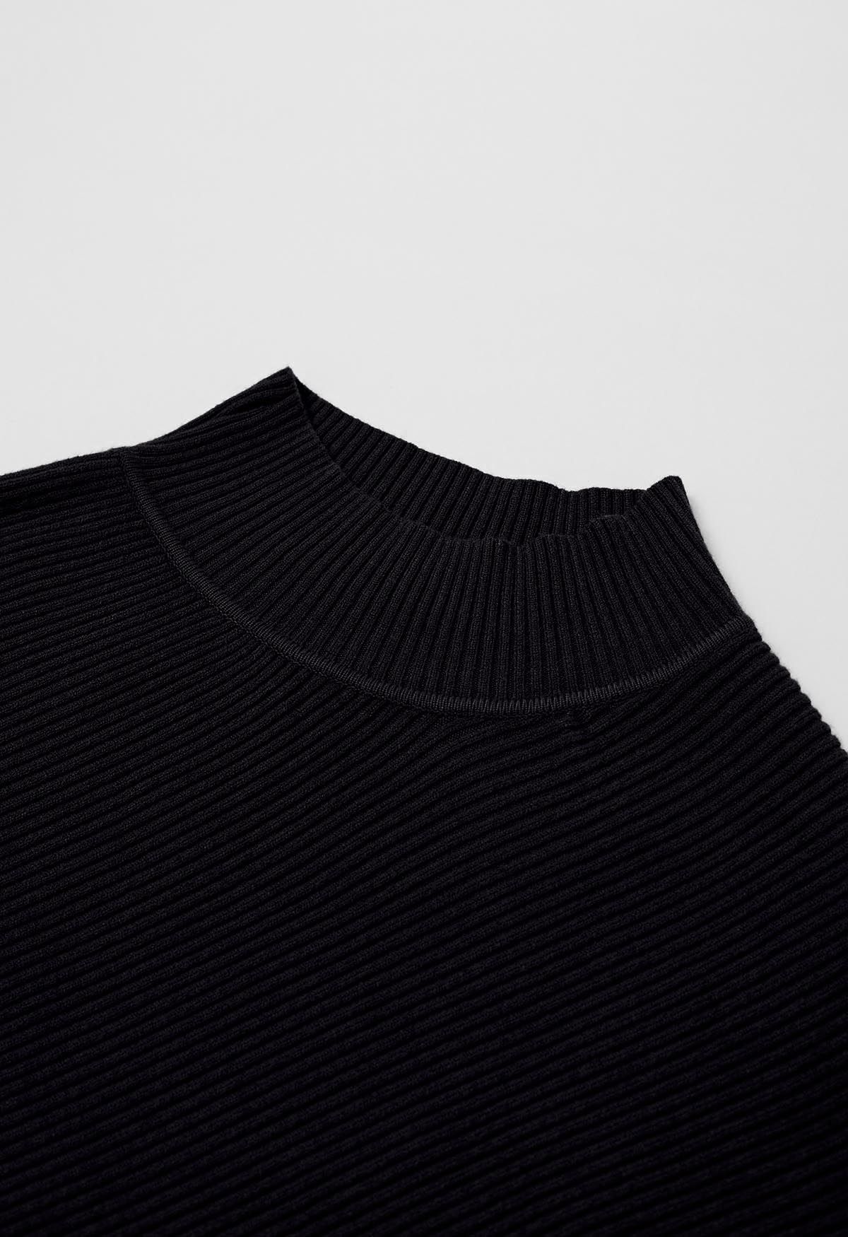 Asymmetric Batwing Sleeve Ribbed Knit Poncho in Black