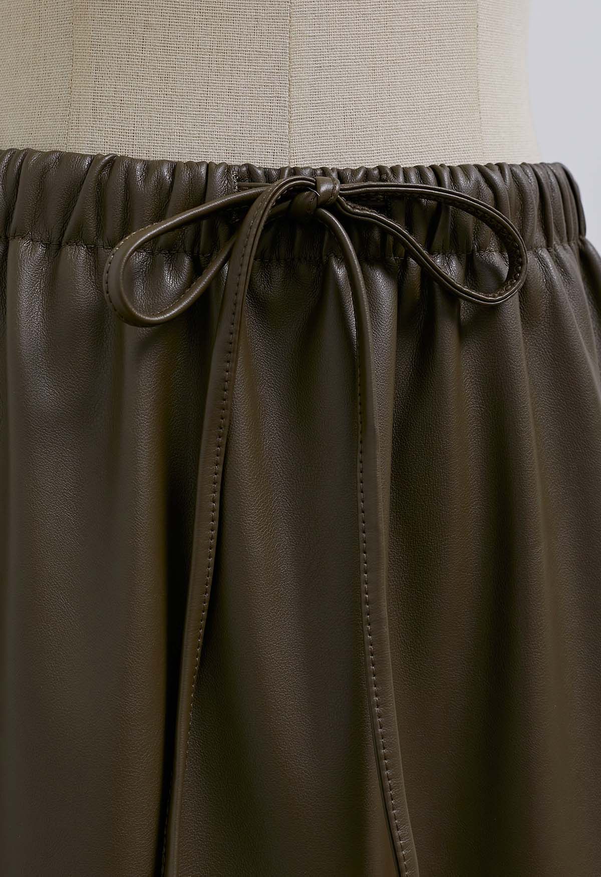 Drawstring Waist Faux Leather Maxi Skirt in Olive