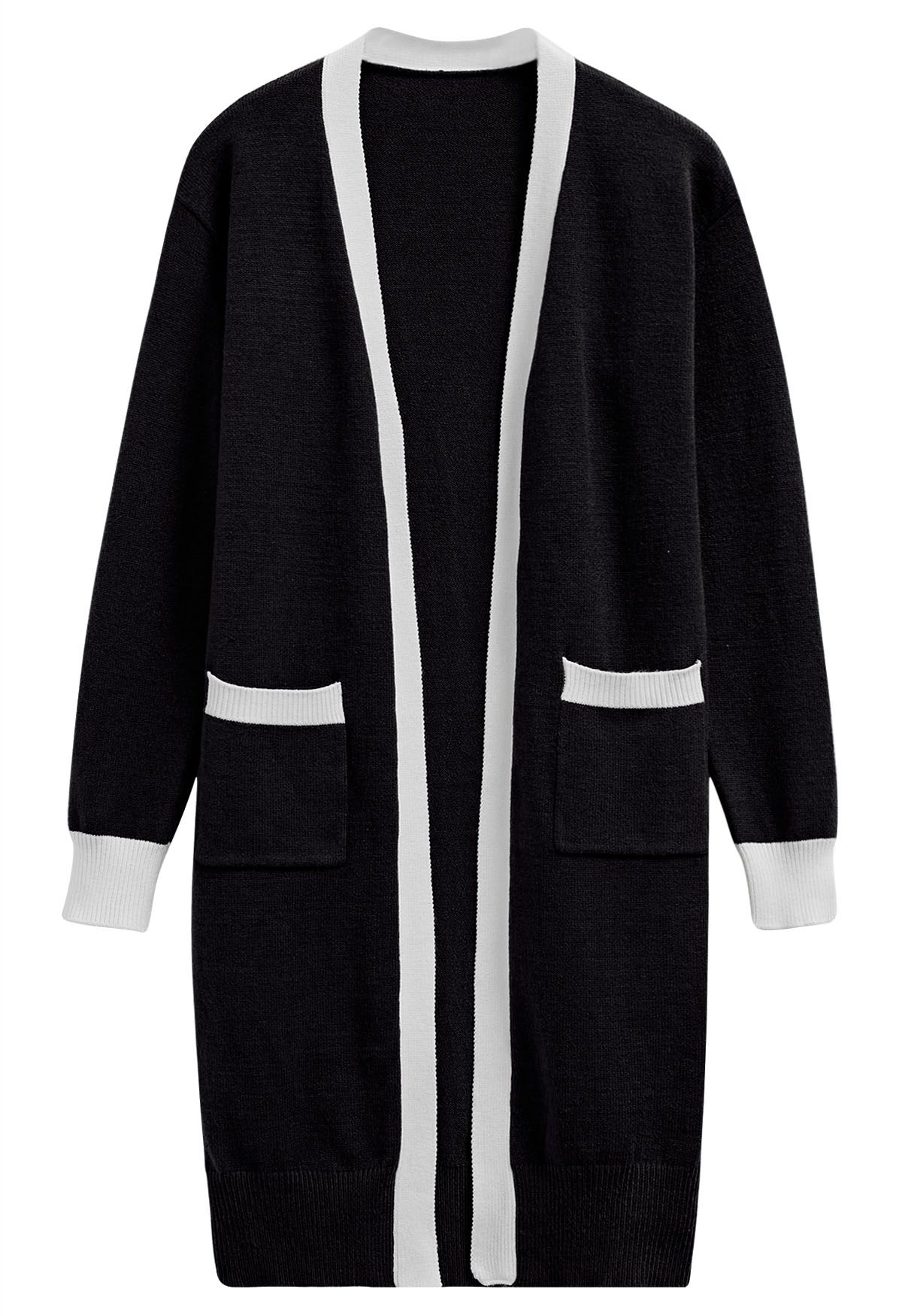 Contrast Edge Open Front Longline Knit Cardigan in Black