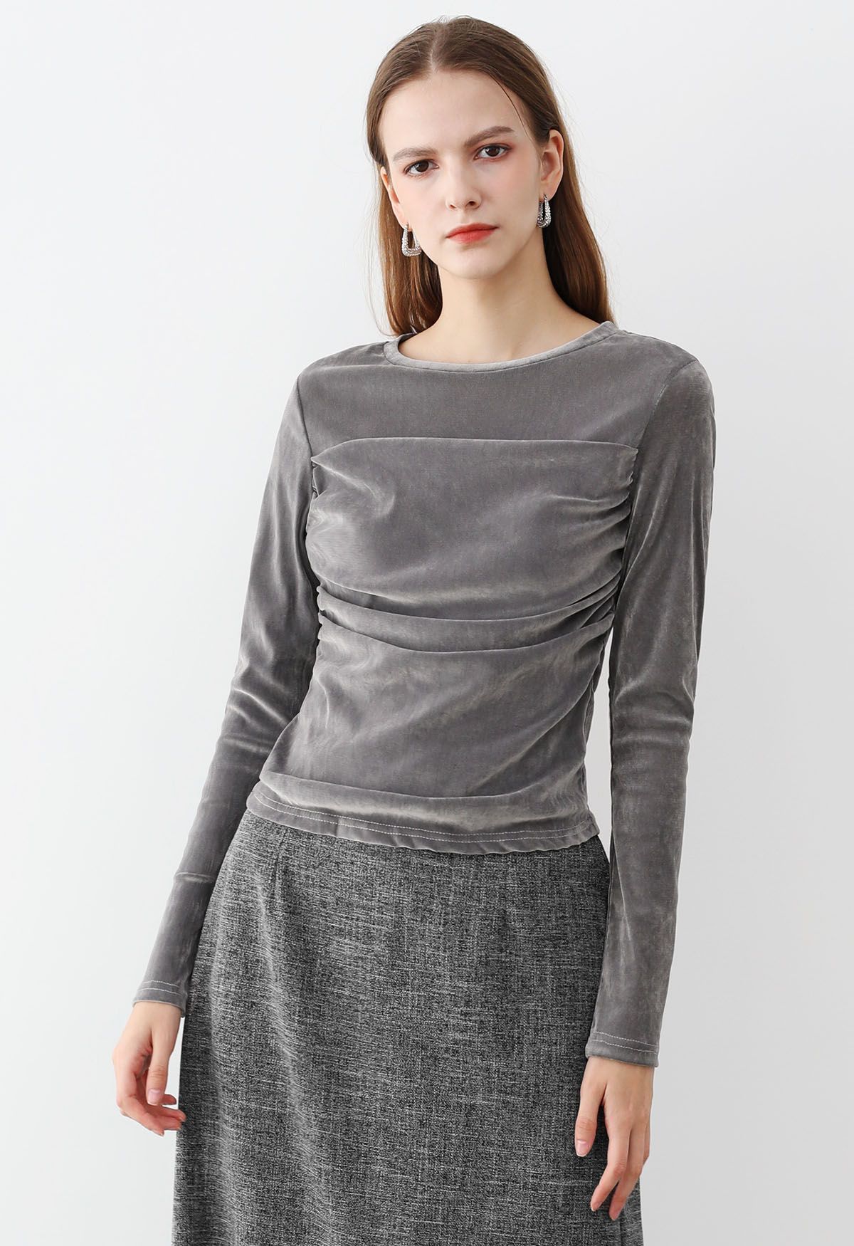 Lithesome Ruched Long Sleeve Top in Grey