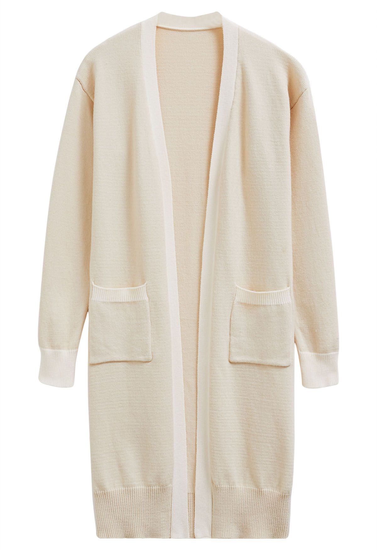 Contrast Edge Open Front Longline Knit Cardigan in Cream