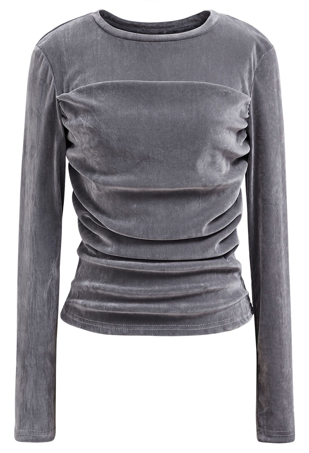 Lithesome Ruched Long Sleeve Top in Grey