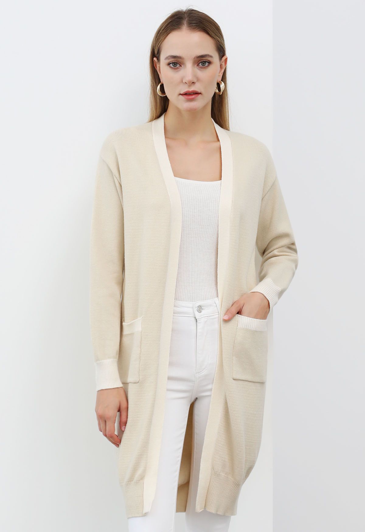 Contrast Edge Open Front Longline Knit Cardigan in Cream