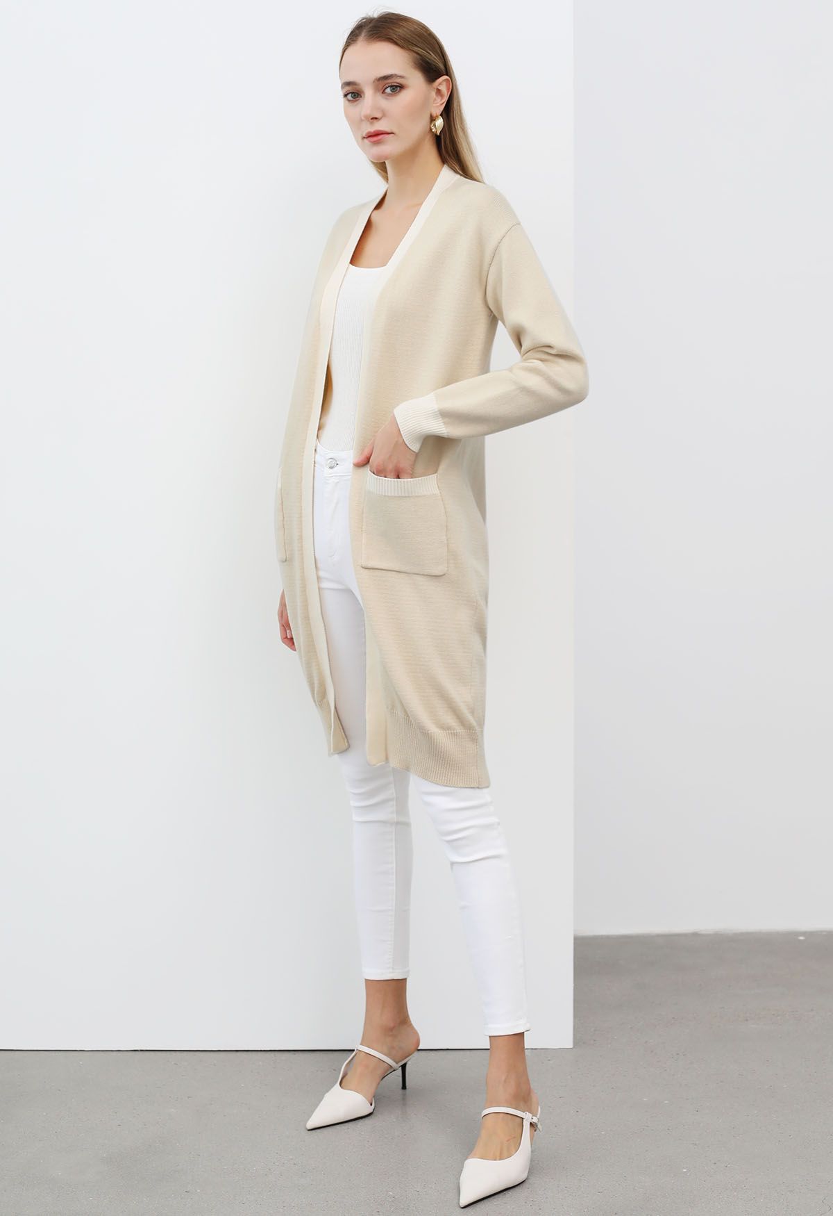 Contrast Edge Open Front Longline Knit Cardigan in Cream