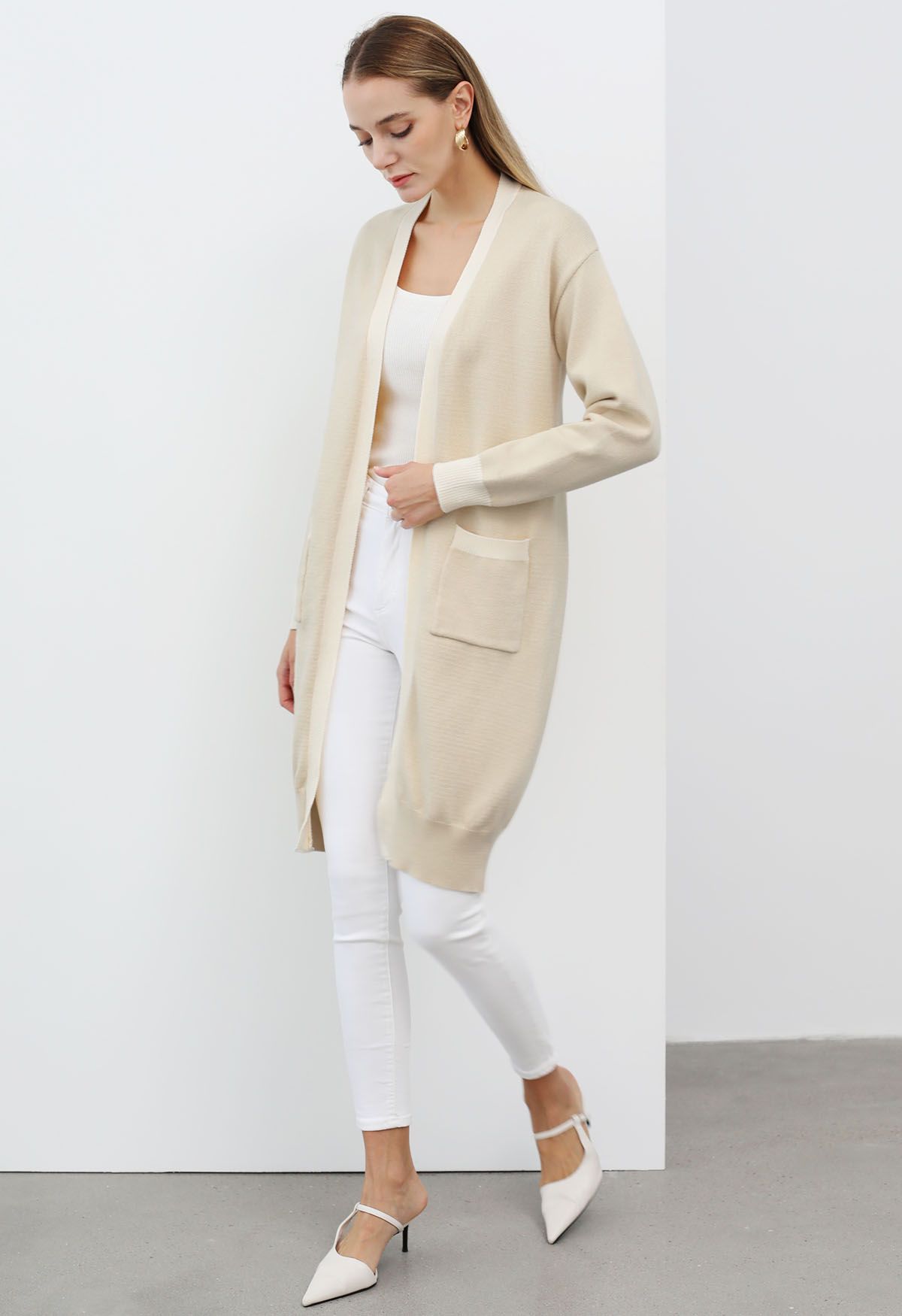 Contrast Edge Open Front Longline Knit Cardigan in Cream