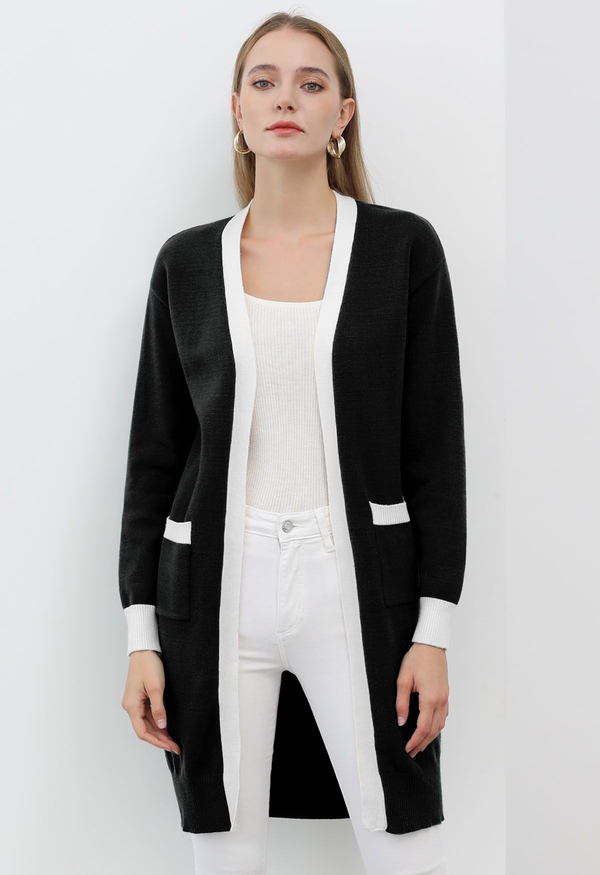 Contrast Edge Open Front Longline Knit Cardigan in Black