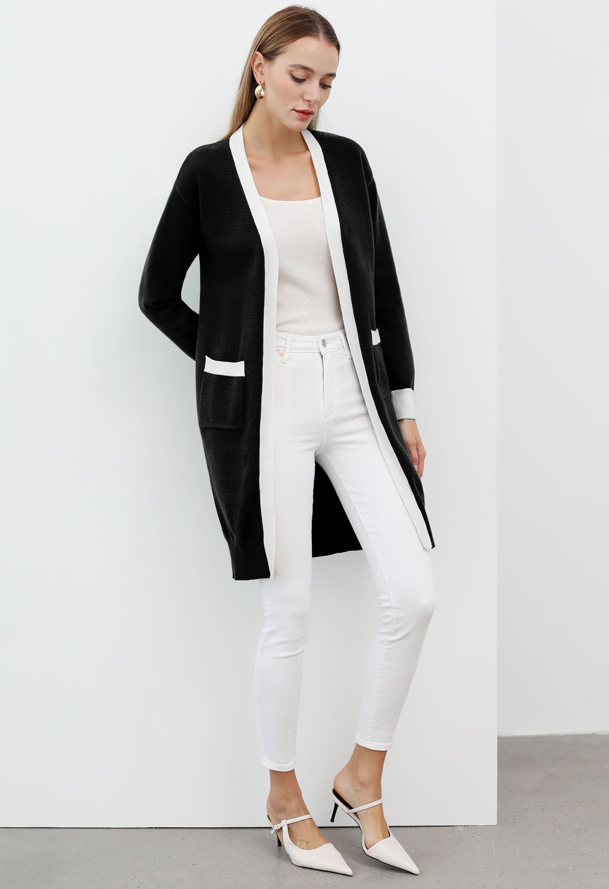 Contrast Edge Open Front Longline Knit Cardigan in Black