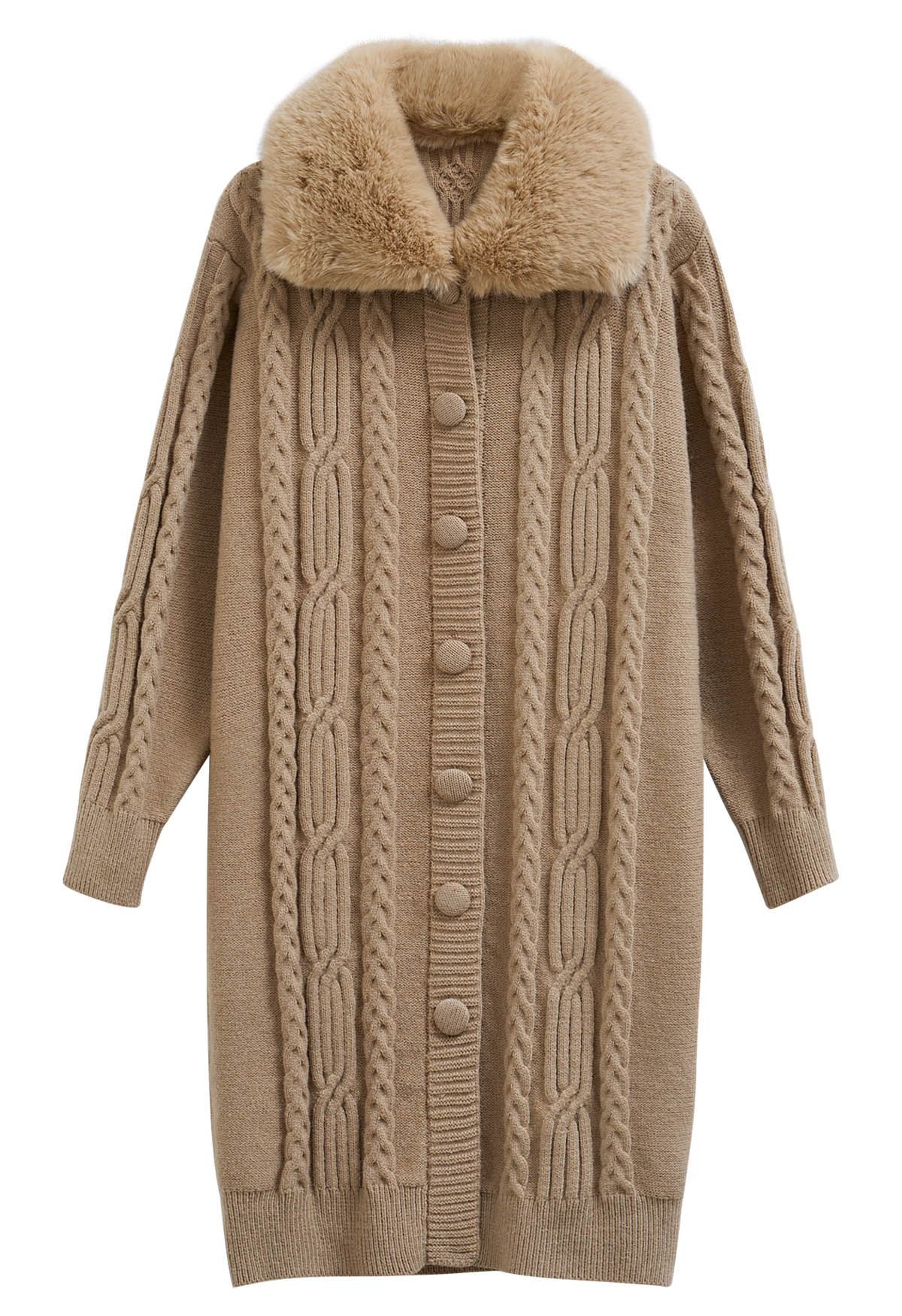 Faux Fur Collar Cable Knit Buttoned Longline Cardigan in Camel