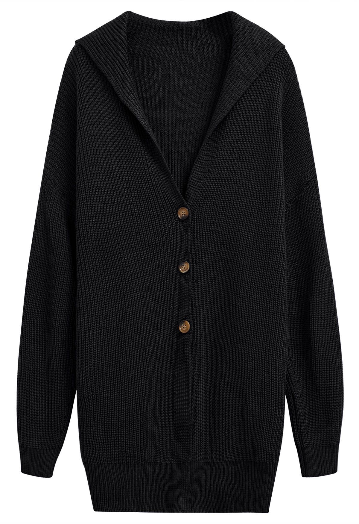 Flap Collar Button Down Longline Knit Cardigan in Black