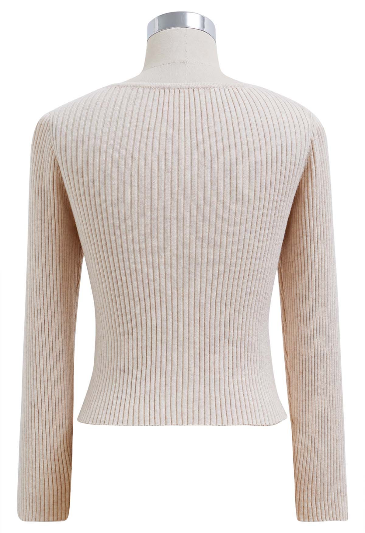 Twist Cutout Neck Ribbed Knit Top in Ivory