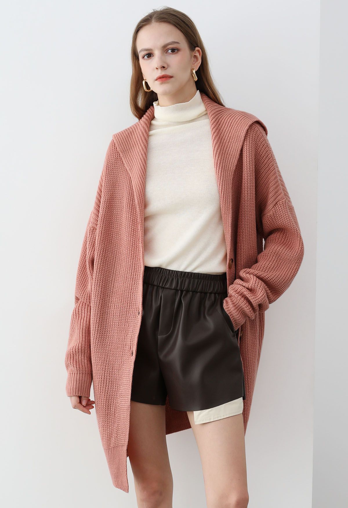 Flap Collar Button Down Longline Knit Cardigan in Coral