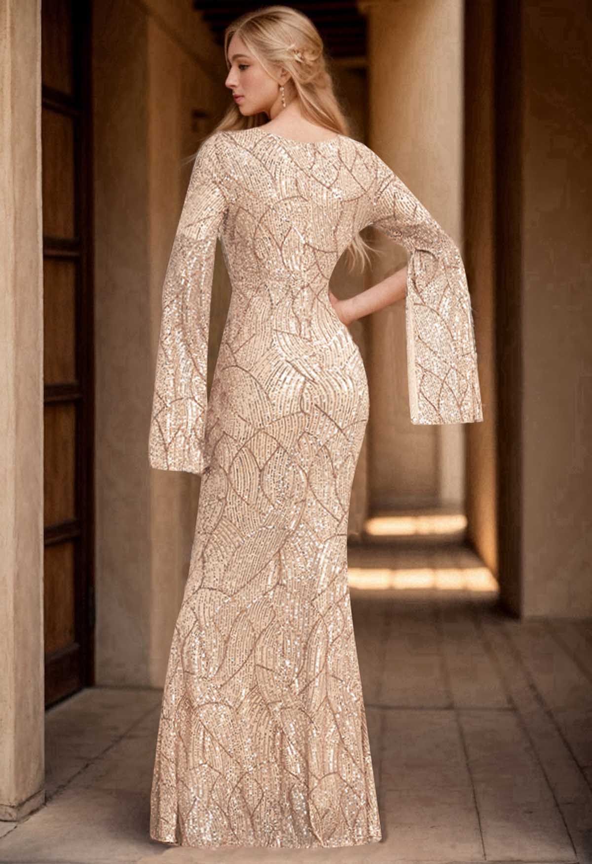 Charming Champagne Sequin Split Sleeves Gown