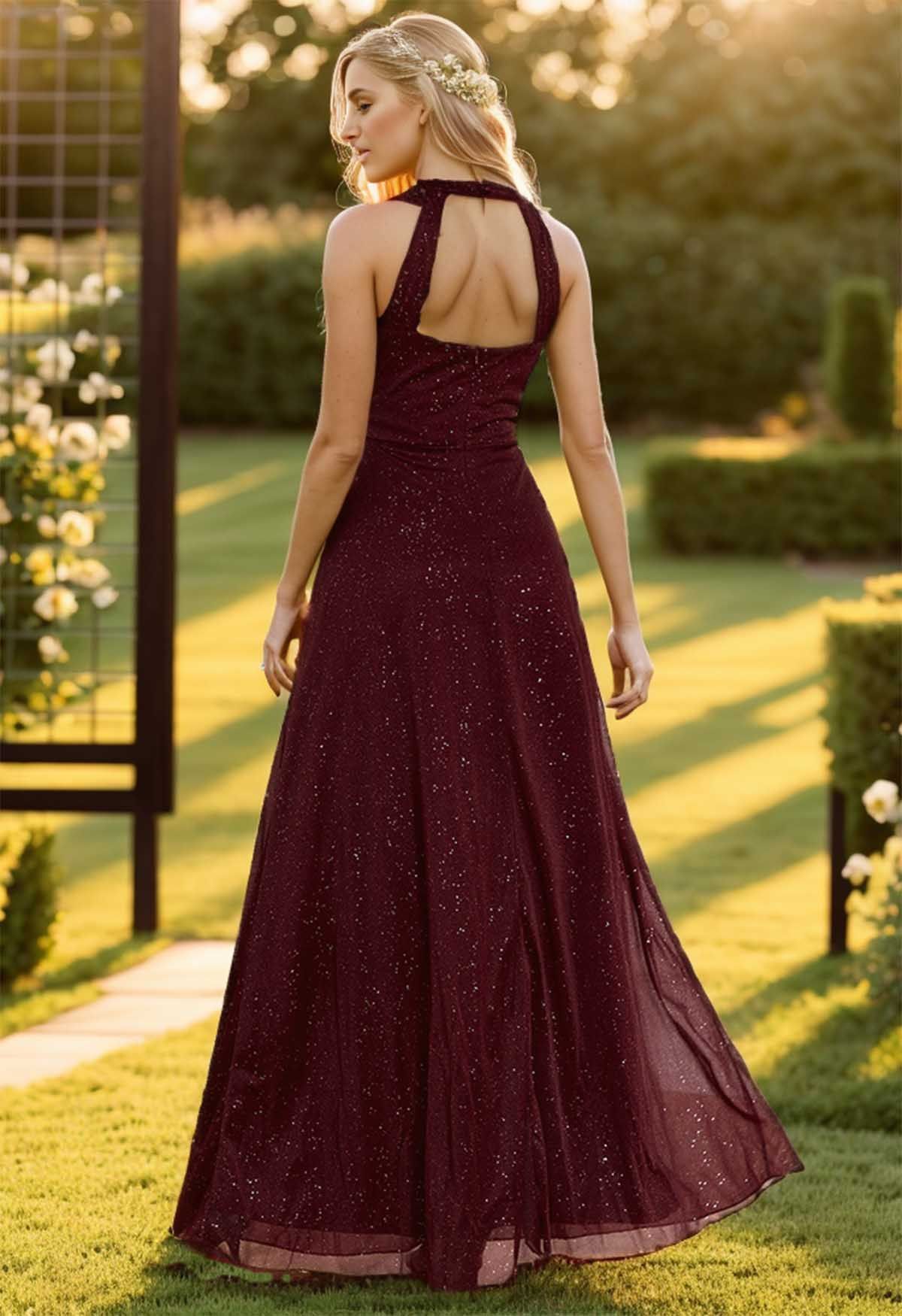 Sparkling Burgundy Halter-Neck Backless Gown