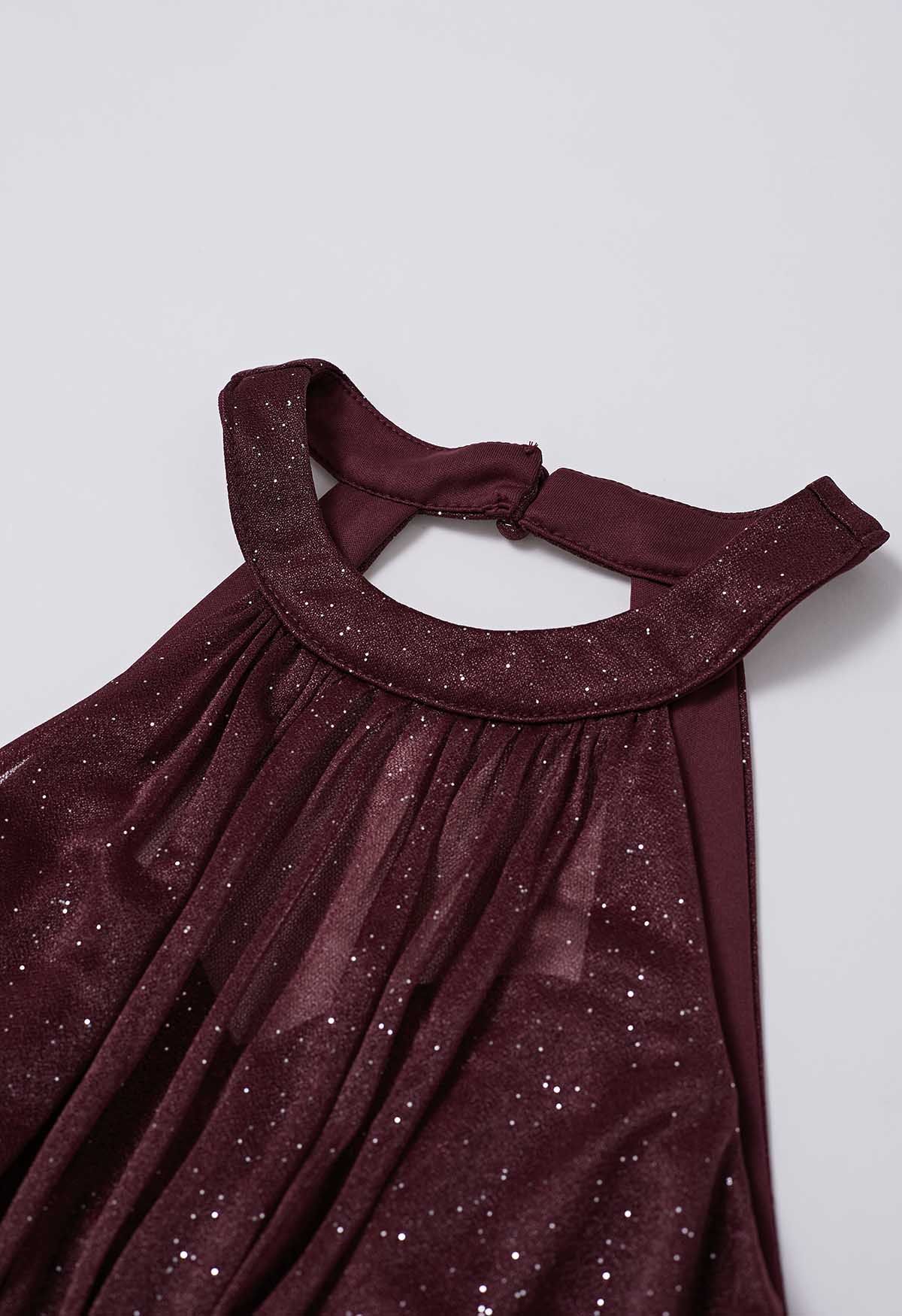 Sparkling Burgundy Halter-Neck Backless Gown