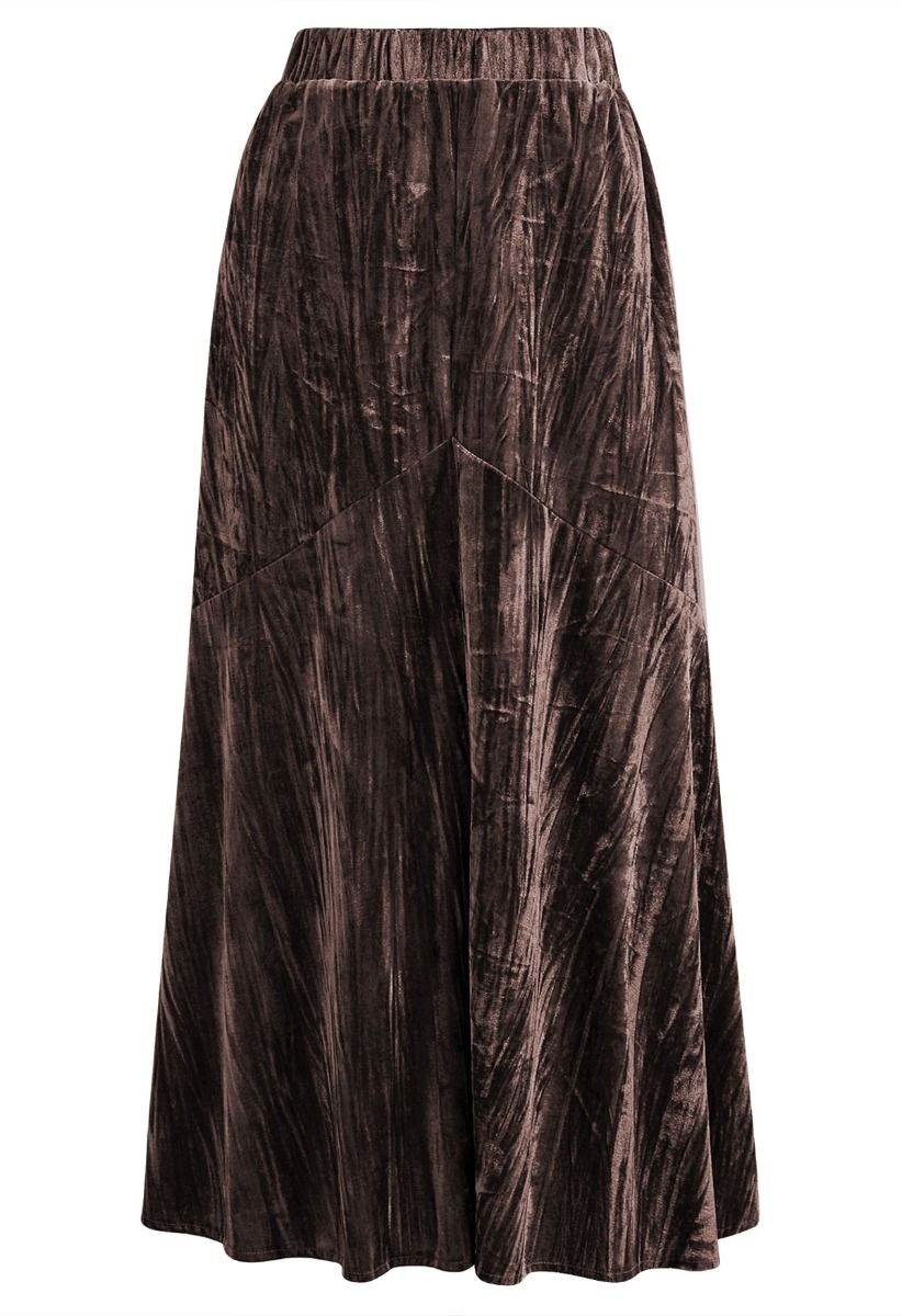 Flare Hem Velvet Midi Skirt in Brown