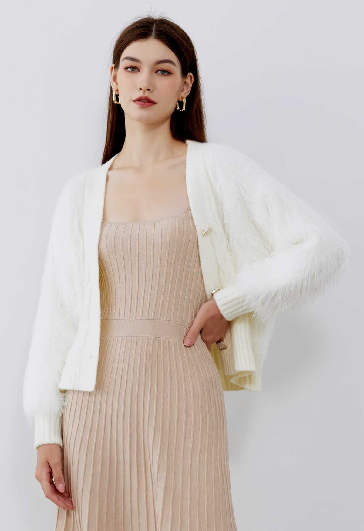 Softness Faux Fur Button-Up Cardigan in Cream