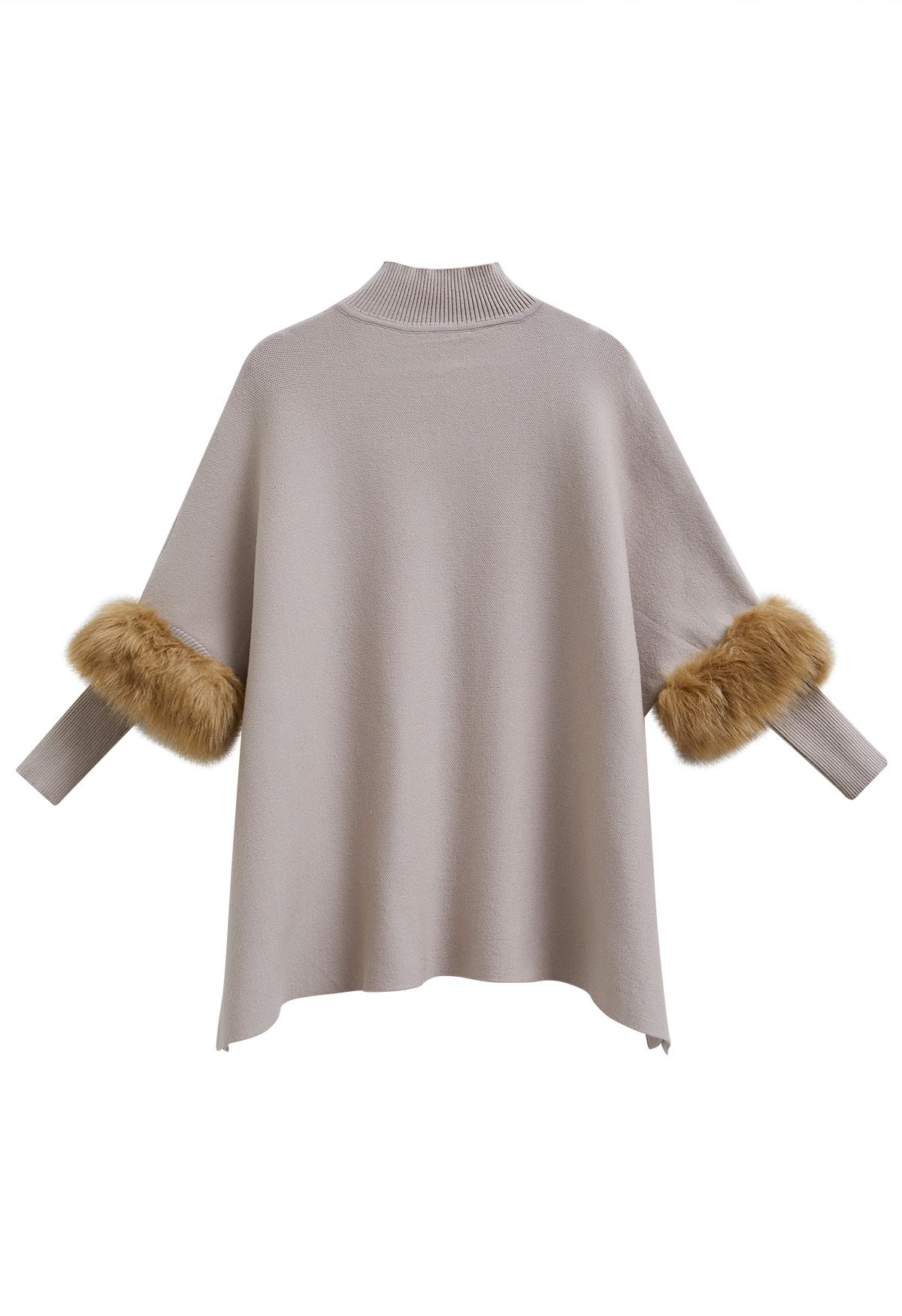 Faux Fur Sleeve Split Hem Knit Poncho in Oatmeal