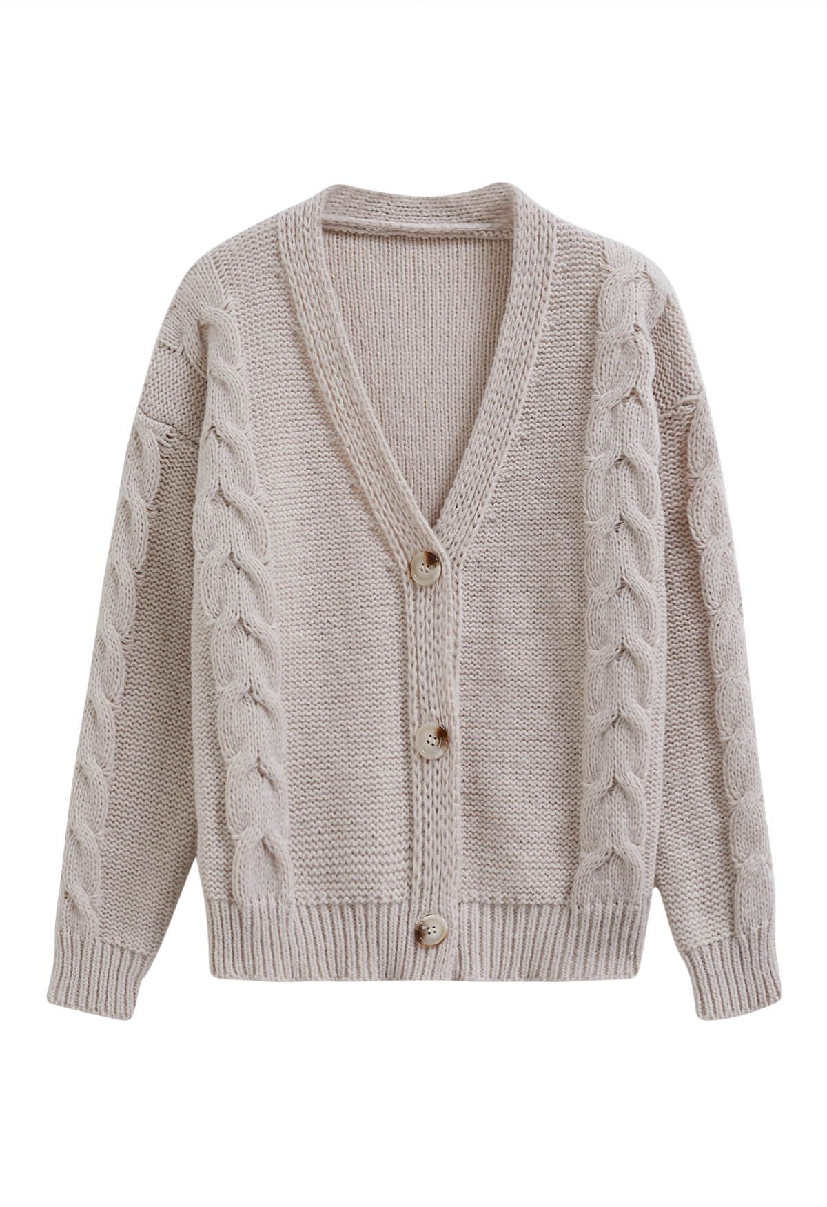 Braid Pattern Buttoned Knit Cardigan in Taupe
