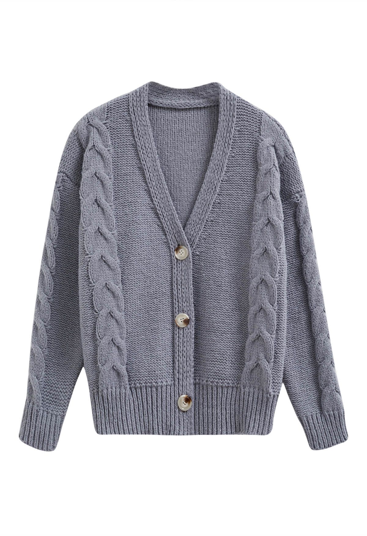Braid Pattern Buttoned Knit Cardigan in Grey