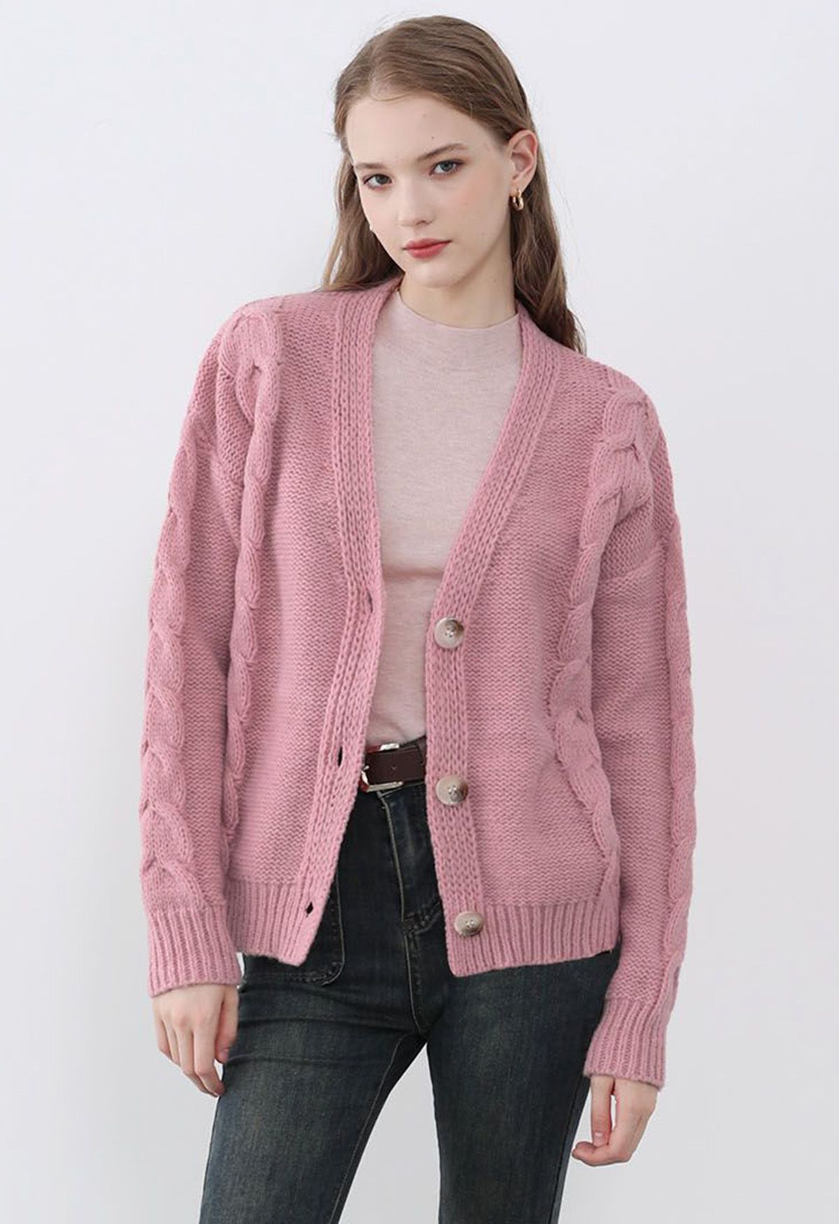 Braid Pattern Buttoned Knit Cardigan in Pink