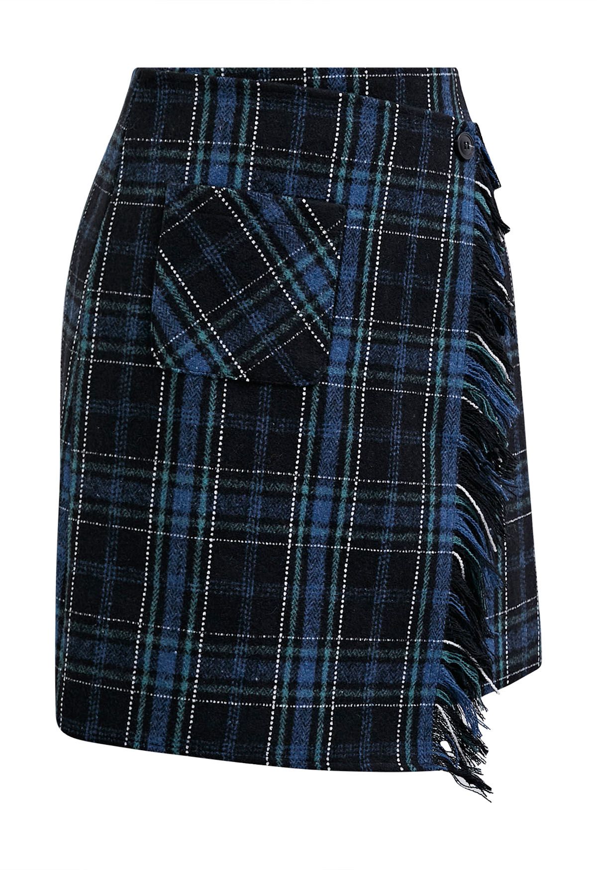 Plaid Fringed Flap Mini Bud Skirt in Black