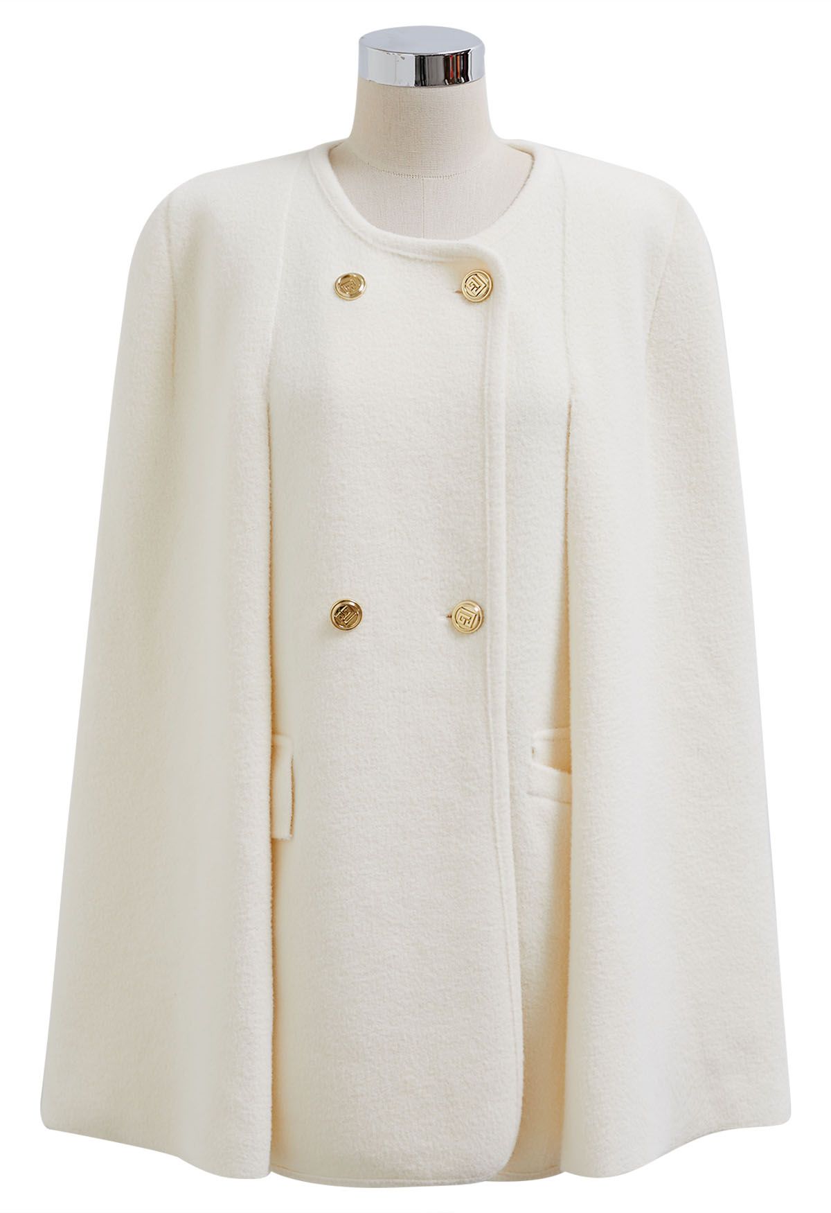 Turtleneck Double-Breasted Twinset Cape Coat in Ivory