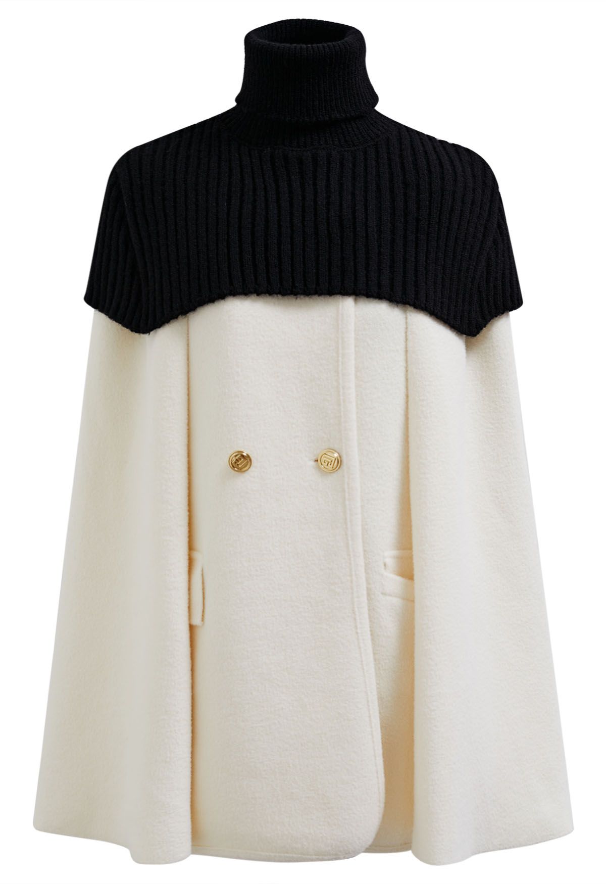 Turtleneck Double-Breasted Twinset Cape Coat in Ivory