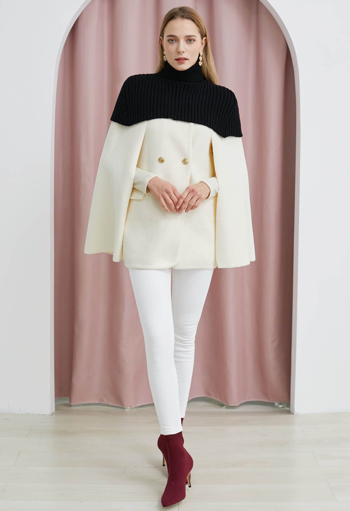 Turtleneck Double-Breasted Twinset Cape Coat in Ivory