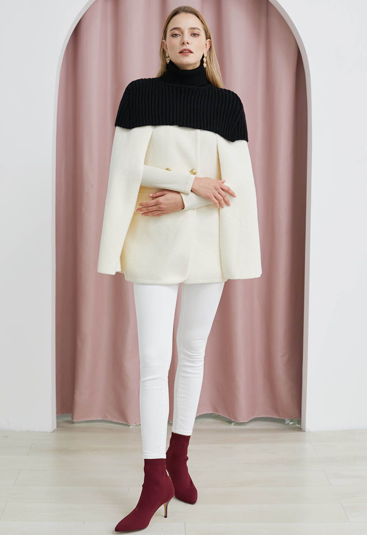 Turtleneck Double-Breasted Twinset Cape Coat in Ivory