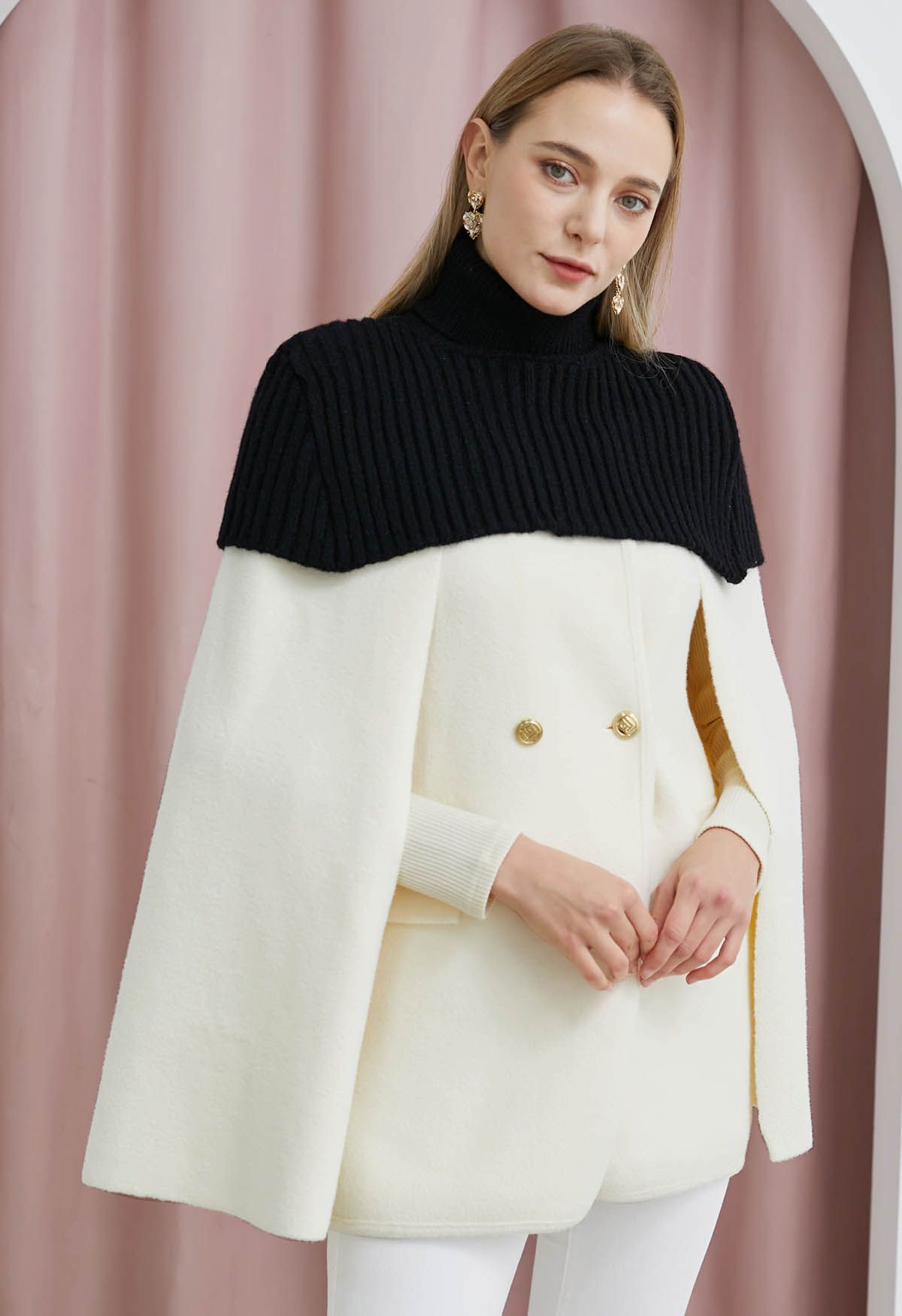 Turtleneck Double-Breasted Twinset Cape Coat in Ivory