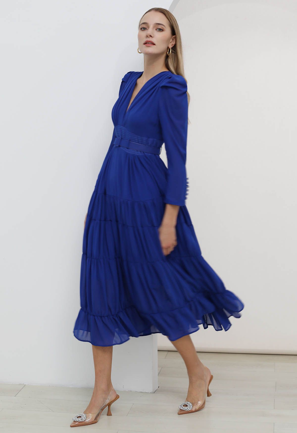 V-Neck Shirred Tiered Belted Chiffon Dress in Indigo