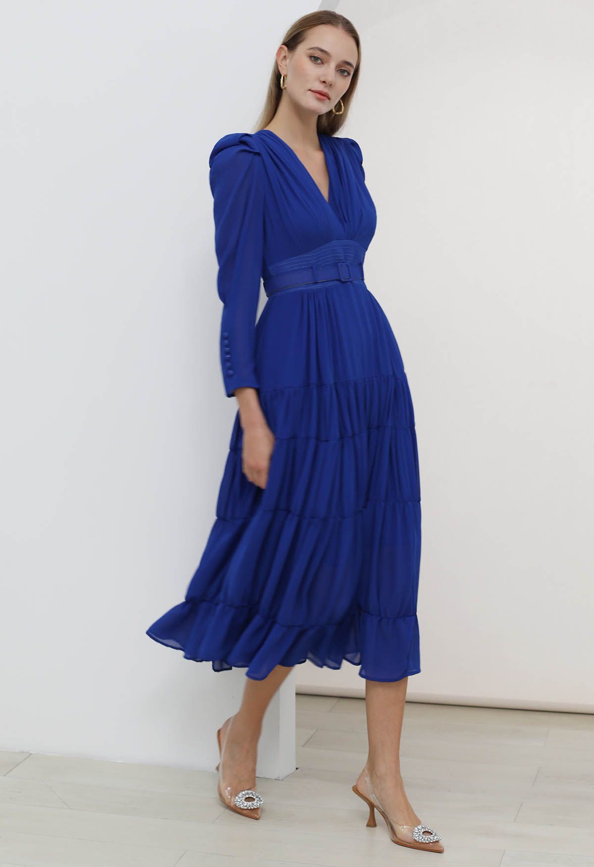 V-Neck Shirred Tiered Belted Chiffon Dress in Indigo