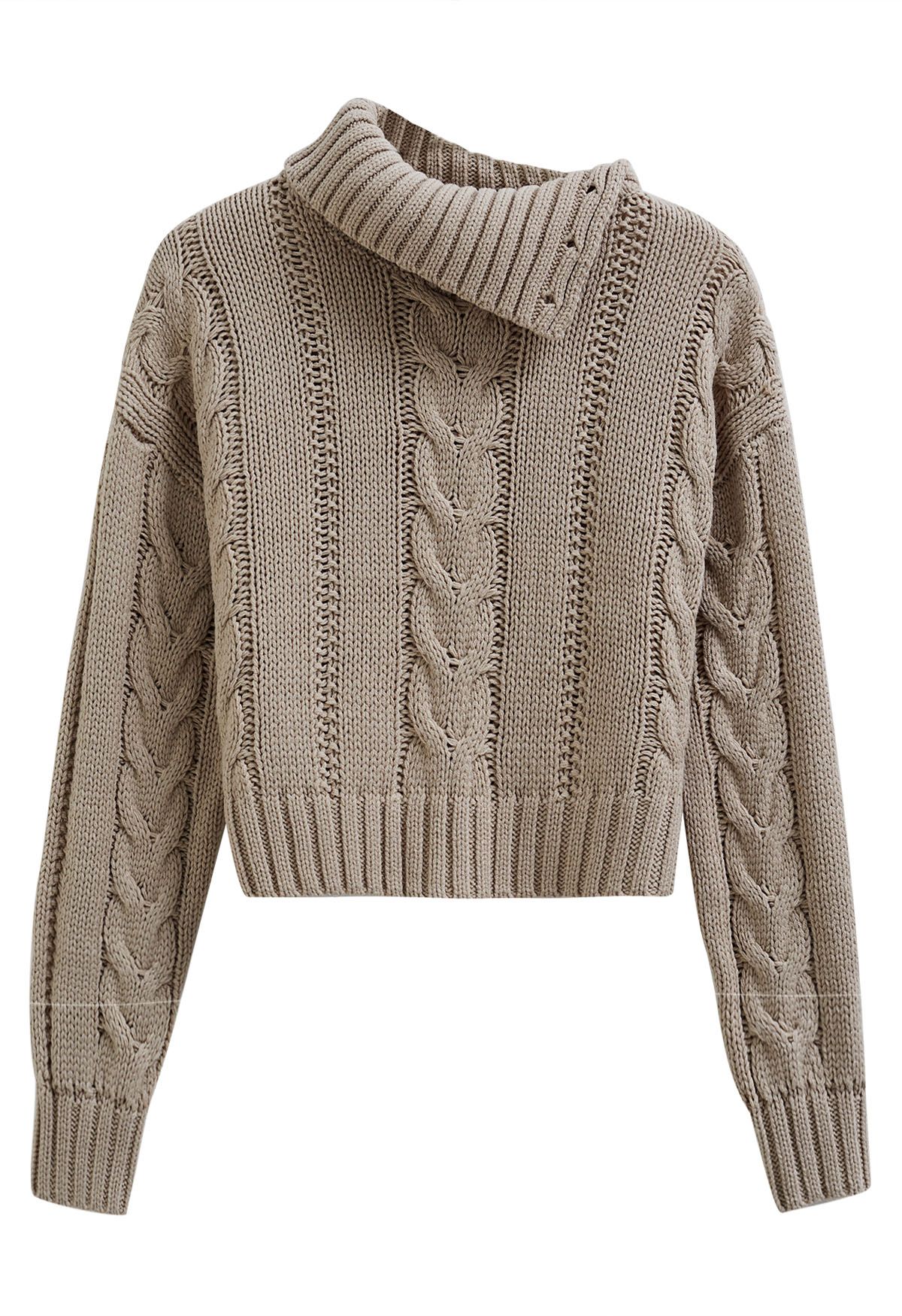 Side Button Cowl Neck Cable Knit Sweater in Light Tan