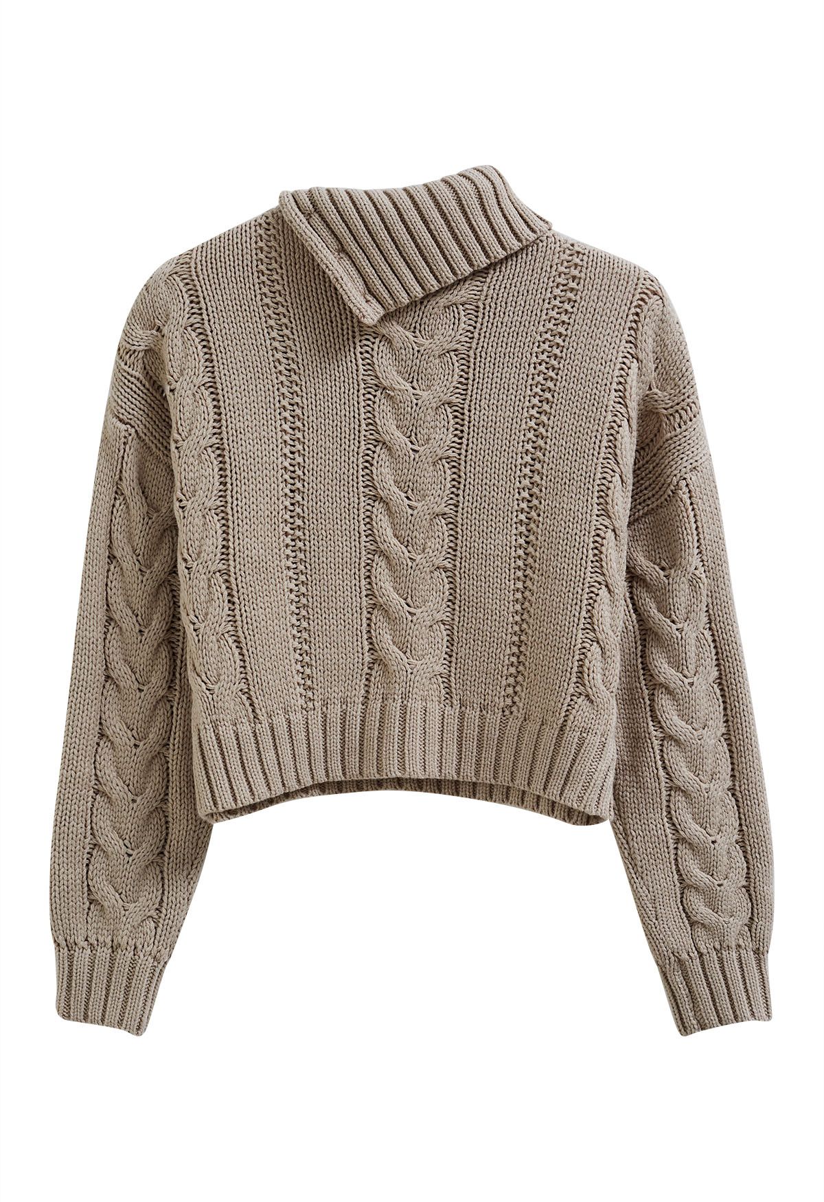 Side Button Cowl Neck Cable Knit Sweater in Light Tan