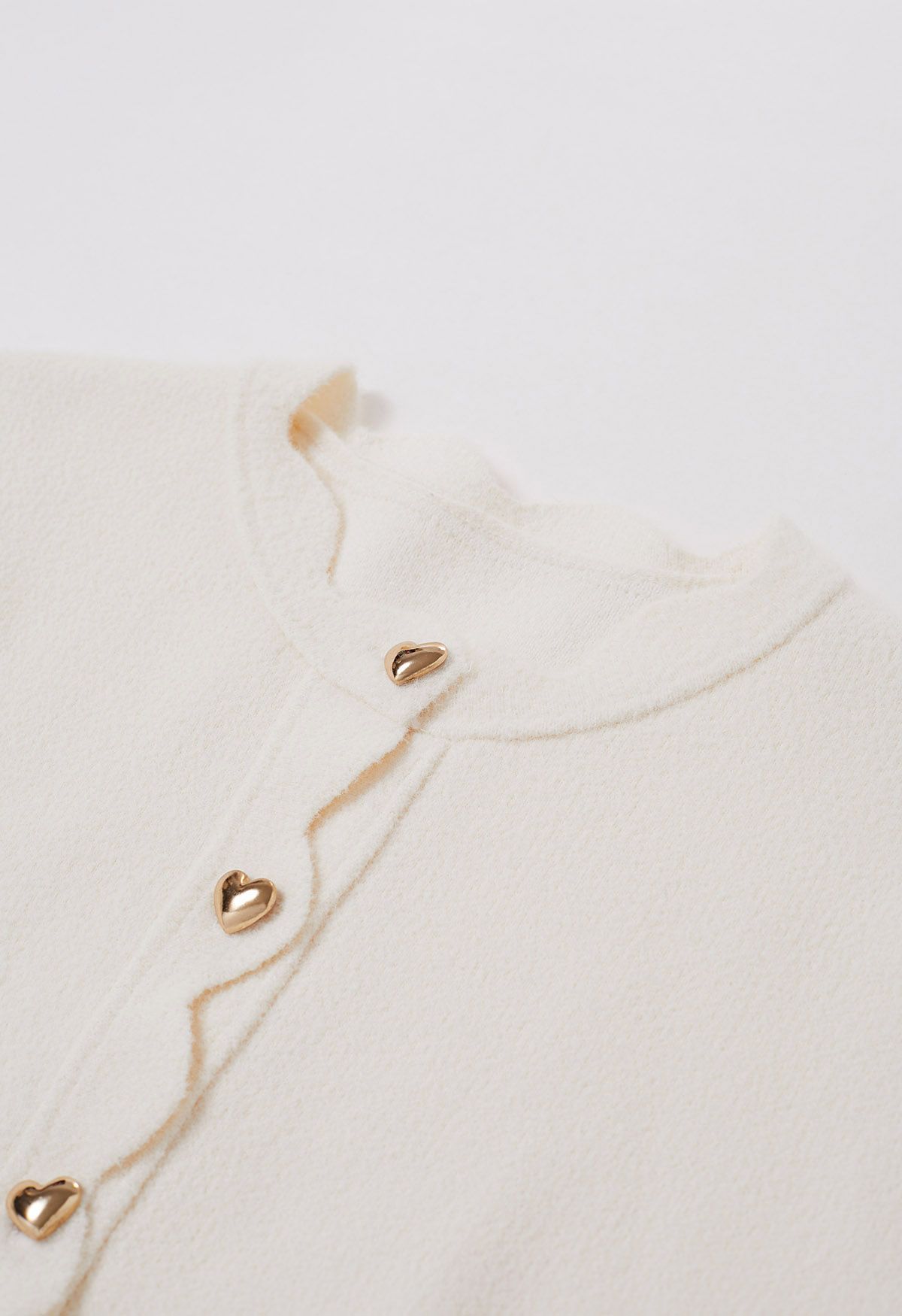 Scallop Edge Heart-Shape Button Knit Cardigan in Cream