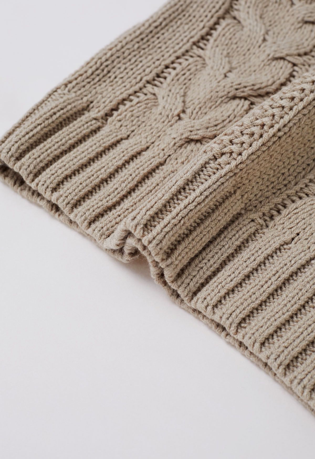 Side Button Cowl Neck Cable Knit Sweater in Light Tan