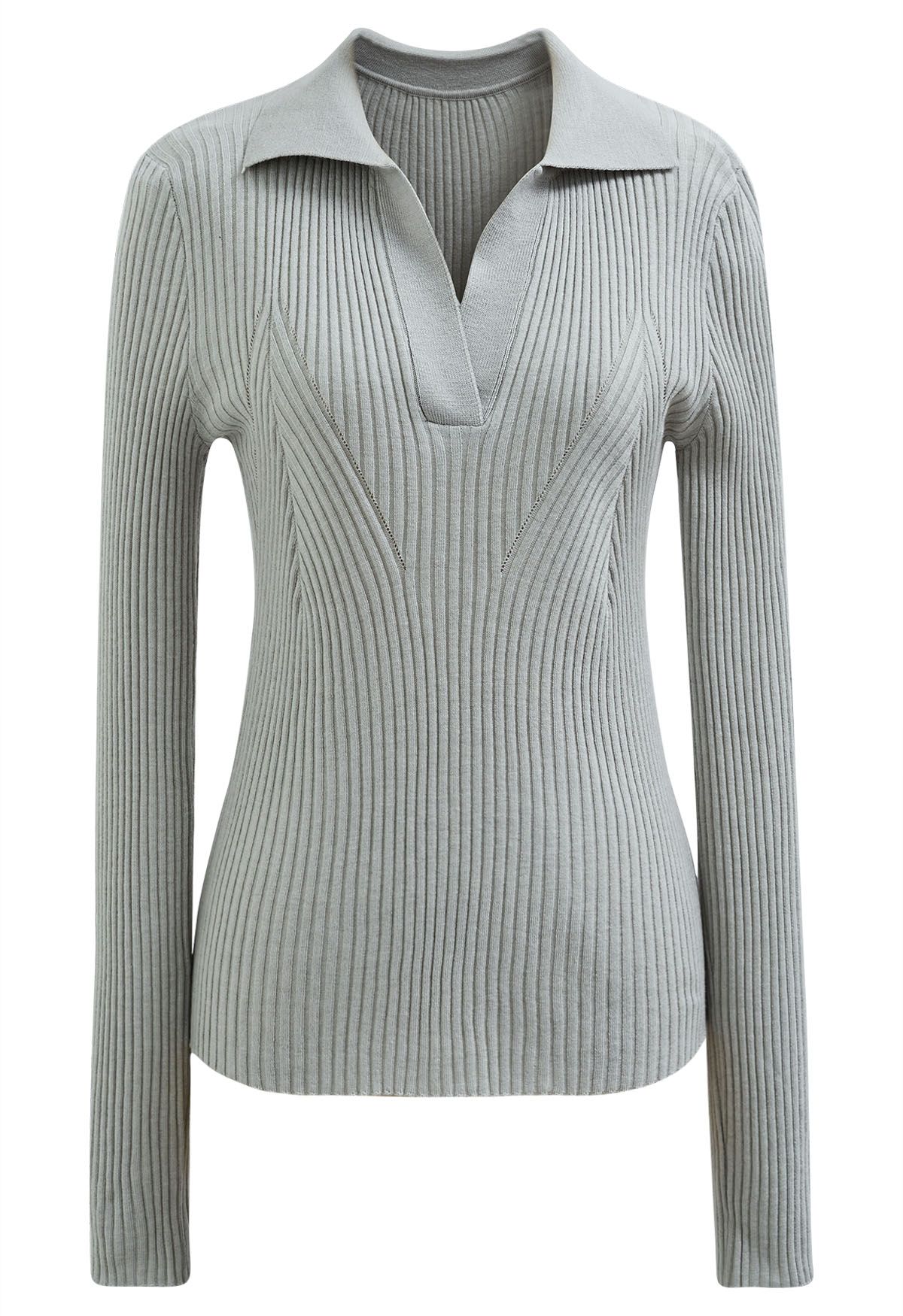 V-Neck Collared Fitted Knit Top in Mint