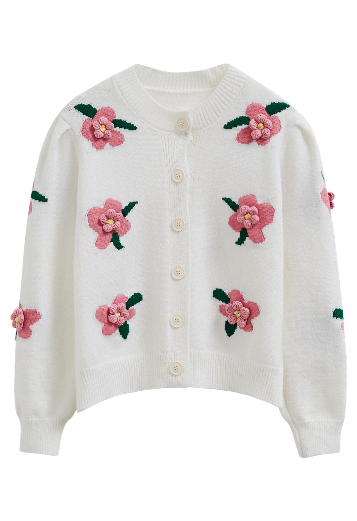 3D Stitch Flower Embroidered Button Down Cardigan in White