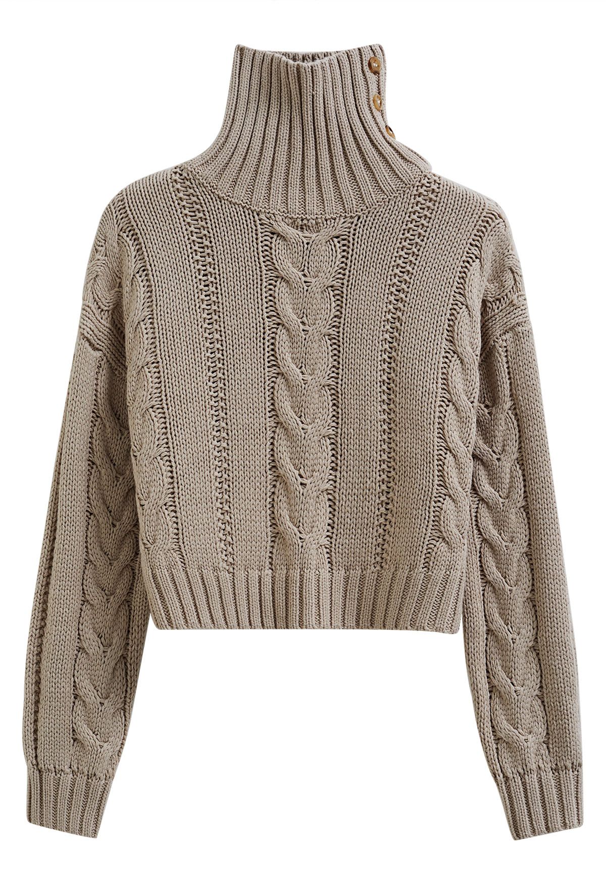 Side Button Cowl Neck Cable Knit Sweater in Light Tan