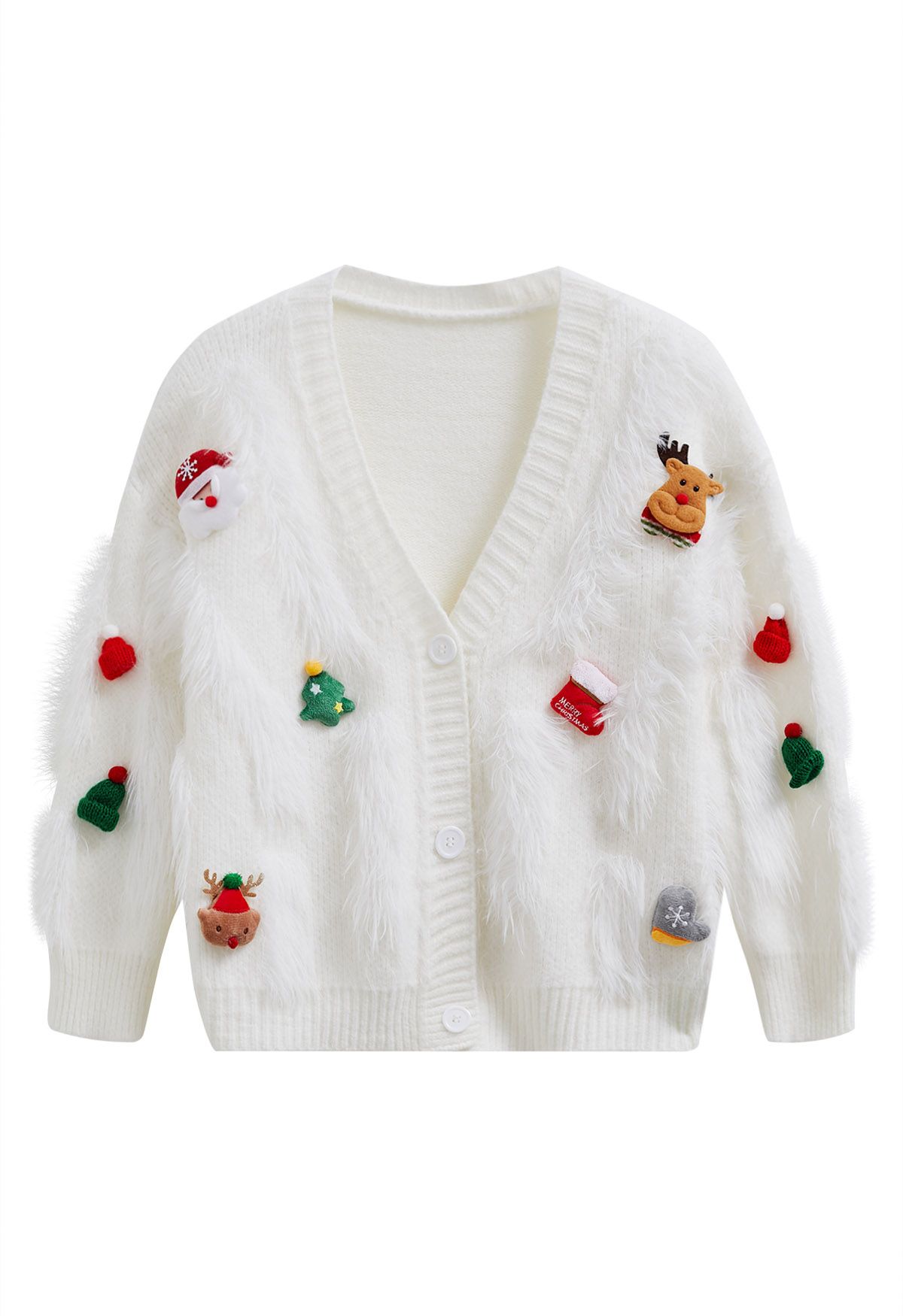 Christmas Elements Fluffy Knit Cardigan in White