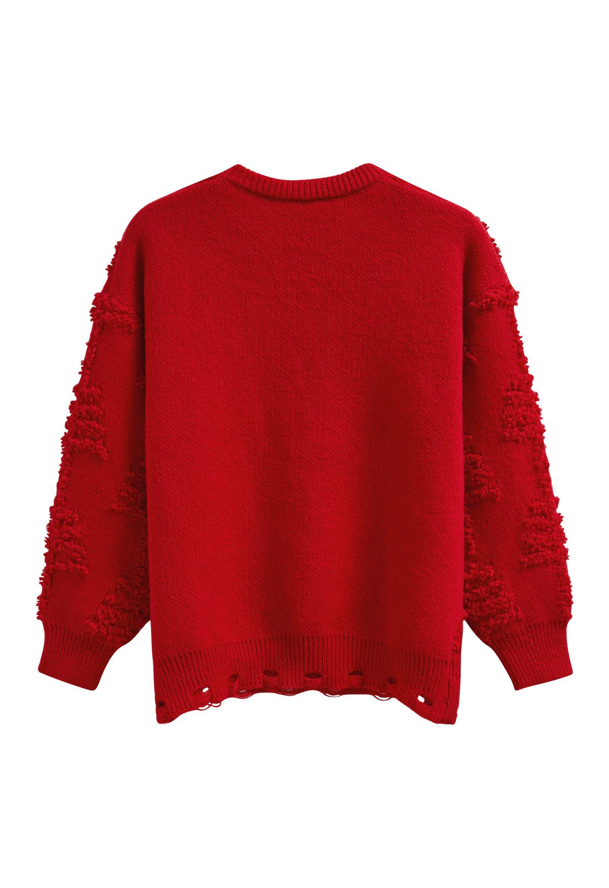 Pearl Christmas Tree Embossed Bowknot Knit Sweater in Red