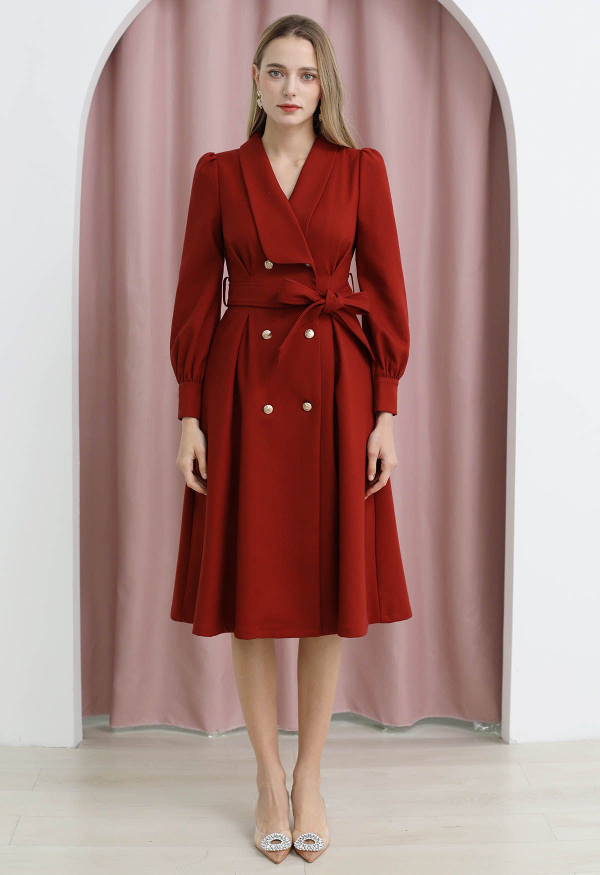 Opulent Double-Breasted Self-Tie Coat Dress