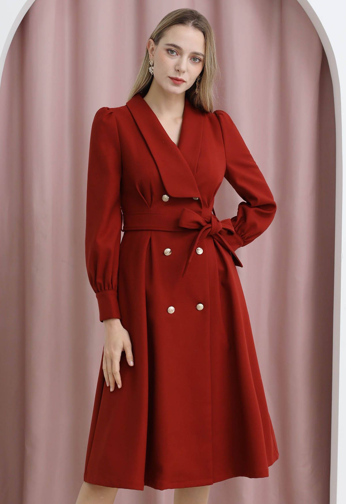 Opulent Double-Breasted Self-Tie Coat Dress