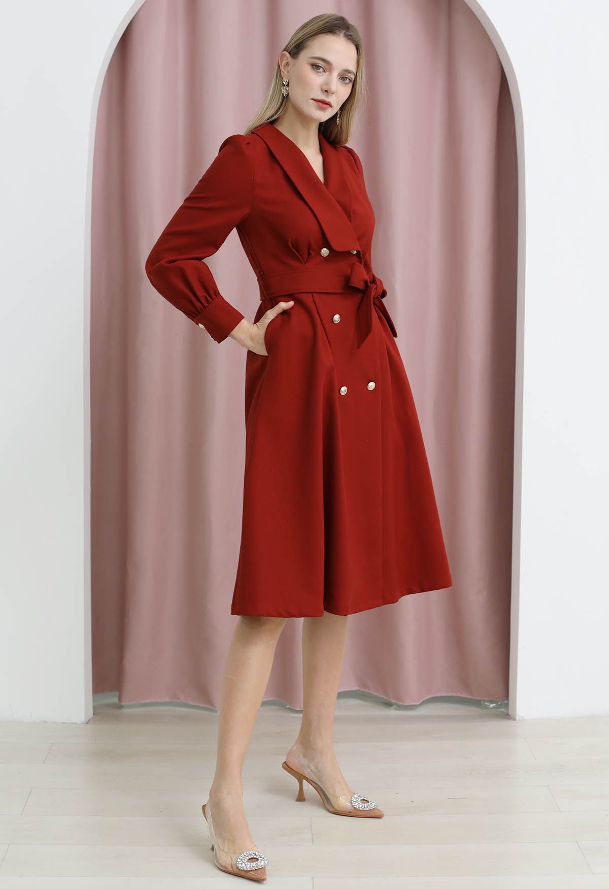 Opulent Double-Breasted Self-Tie Coat Dress