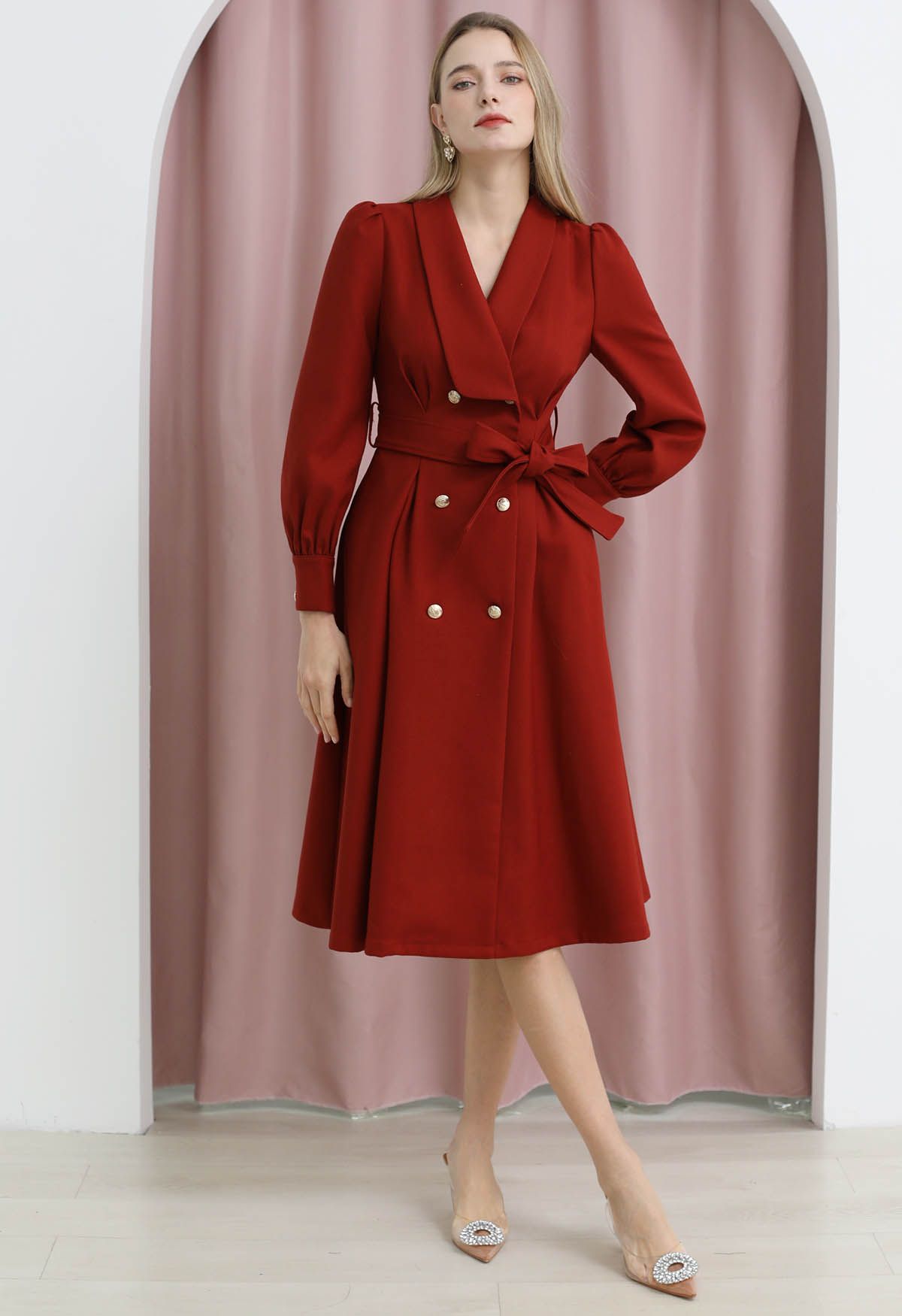 Opulent Double-Breasted Self-Tie Coat Dress