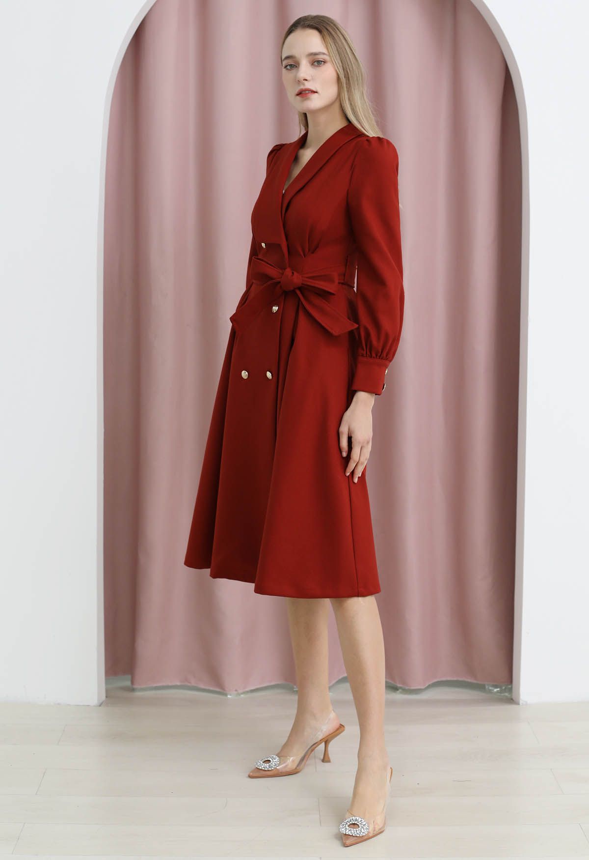 Opulent Double-Breasted Self-Tie Coat Dress